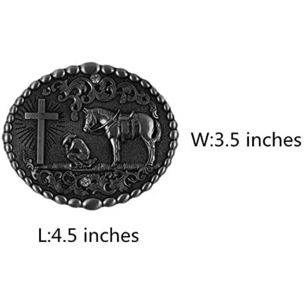 Women's Oval Silver Religion Cross Kneeling Prayer And Horse Design Belt Buckles